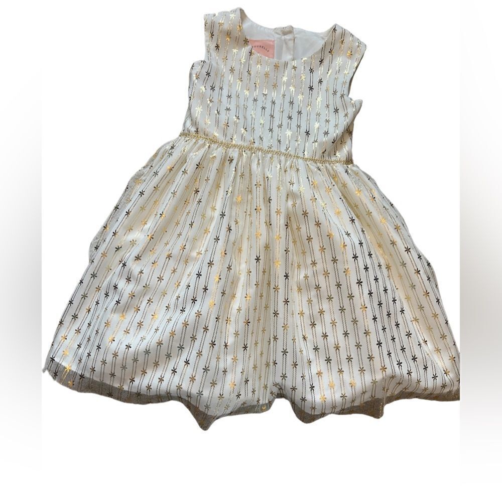 KIDS Cream & Gold Print Tulle Sleeveless Dress 4